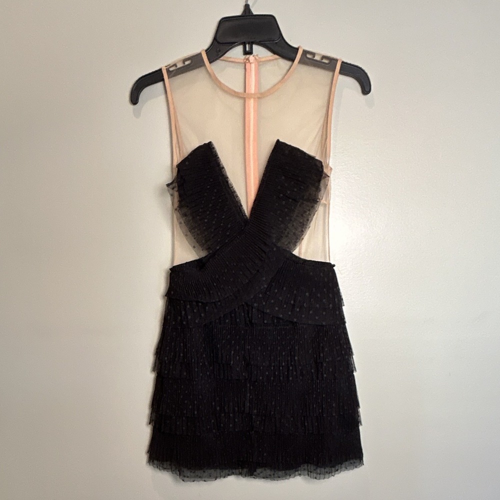 Michael Costello x REVOLVE Womens XS Black/Nude Sheer Tulle Mini Dress Zip